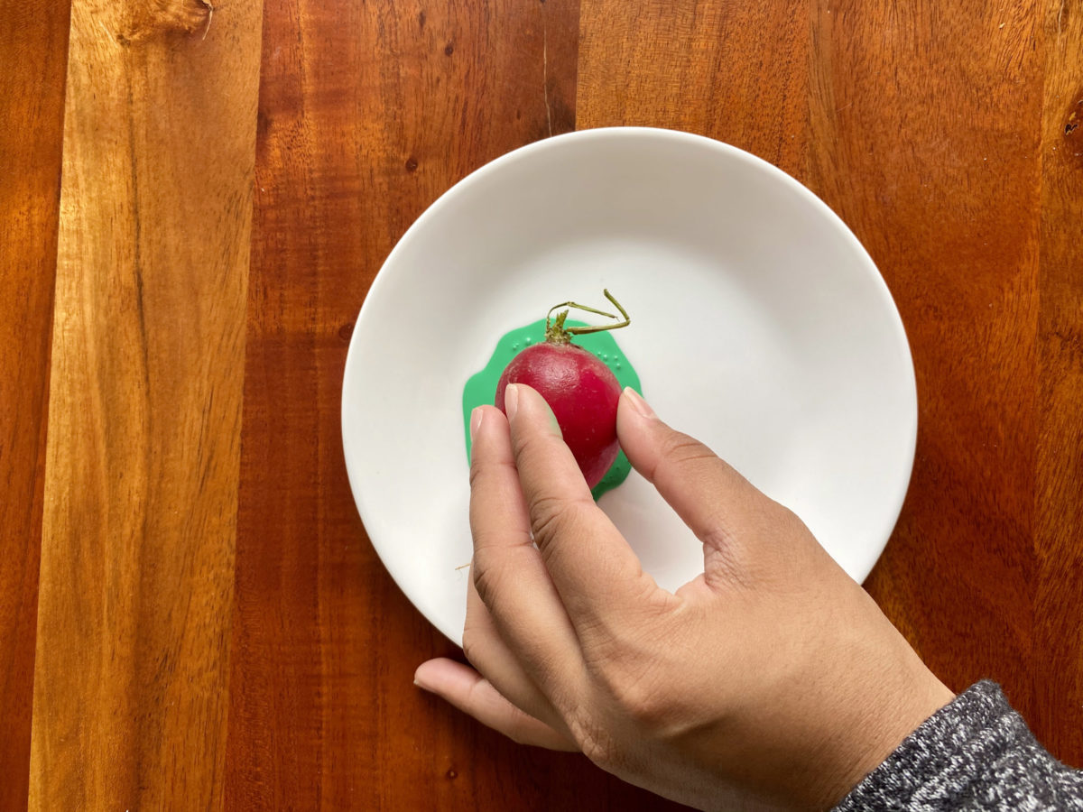 Detail view of painted vegetable stamp activity.