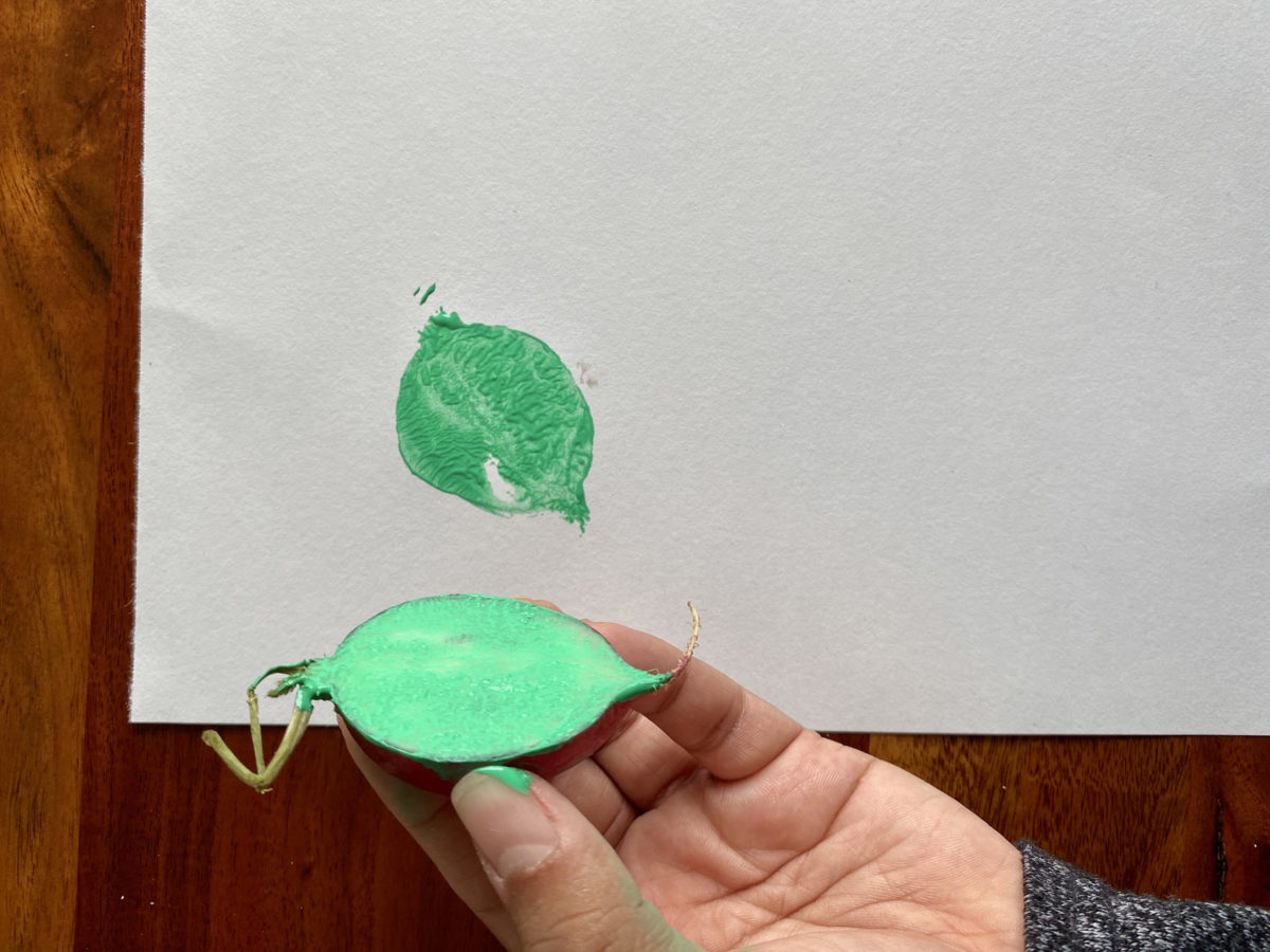 Detail view of painted vegetable stamp activity.