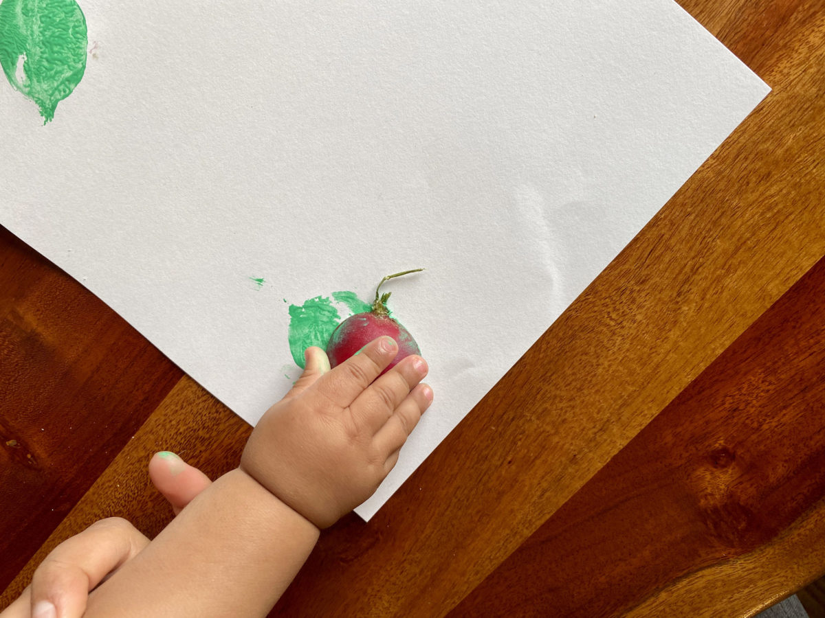 Detail view of painted vegetable stamp activity.